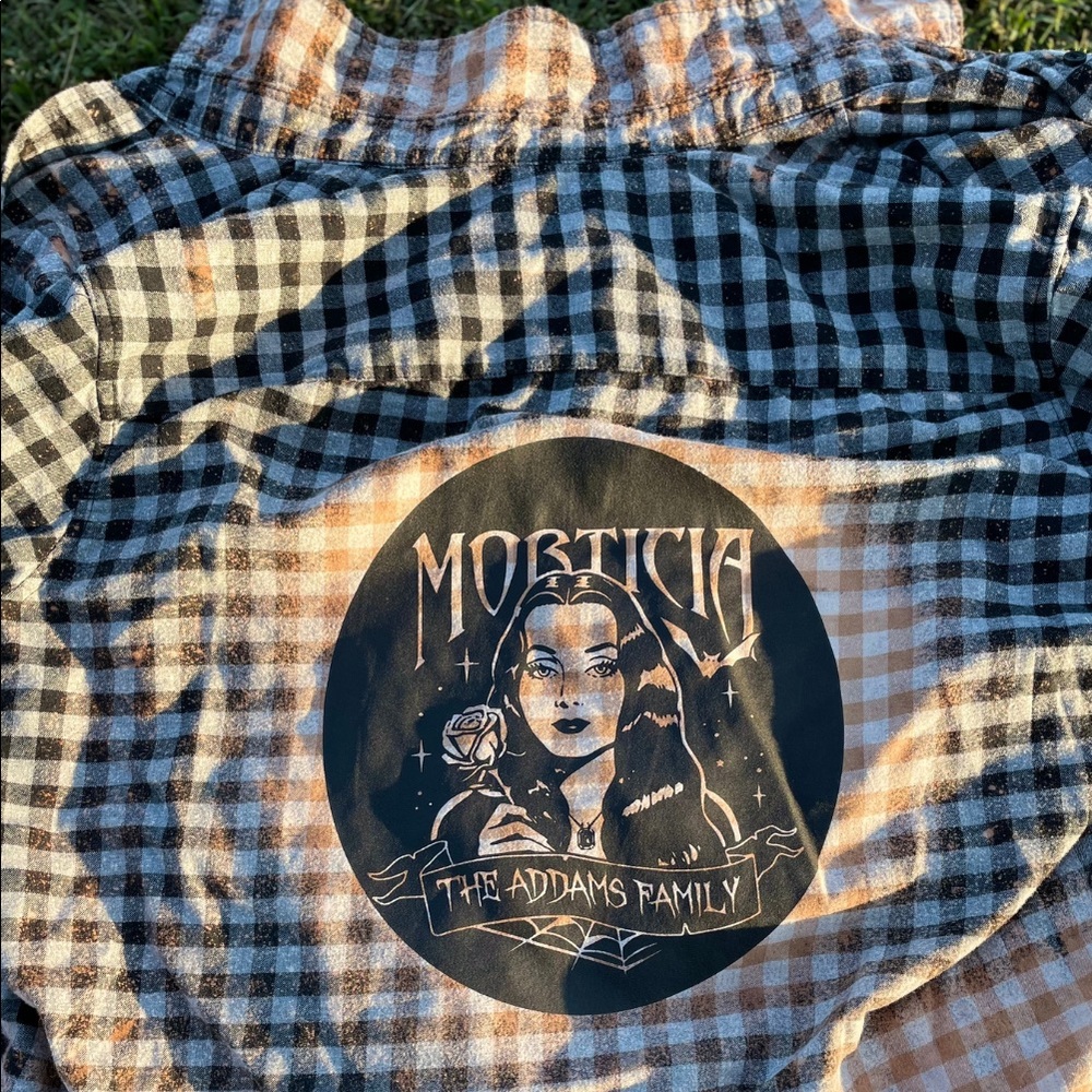 2X Morticia Addams Family Hand Distressed Bleached Flannel Button Shirt